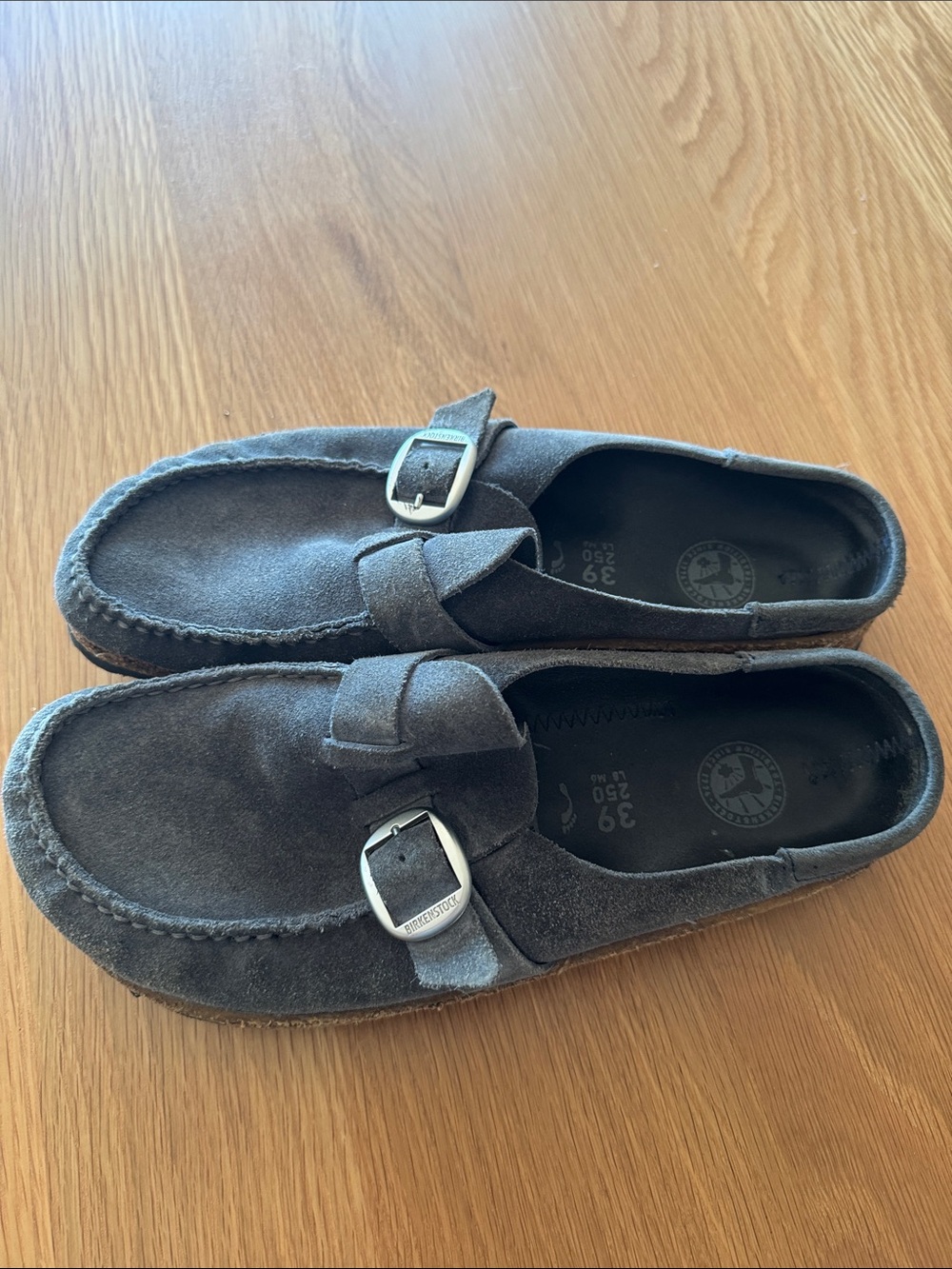 Birkenstock Charcoal Suede Moccasins with Silver Buckles